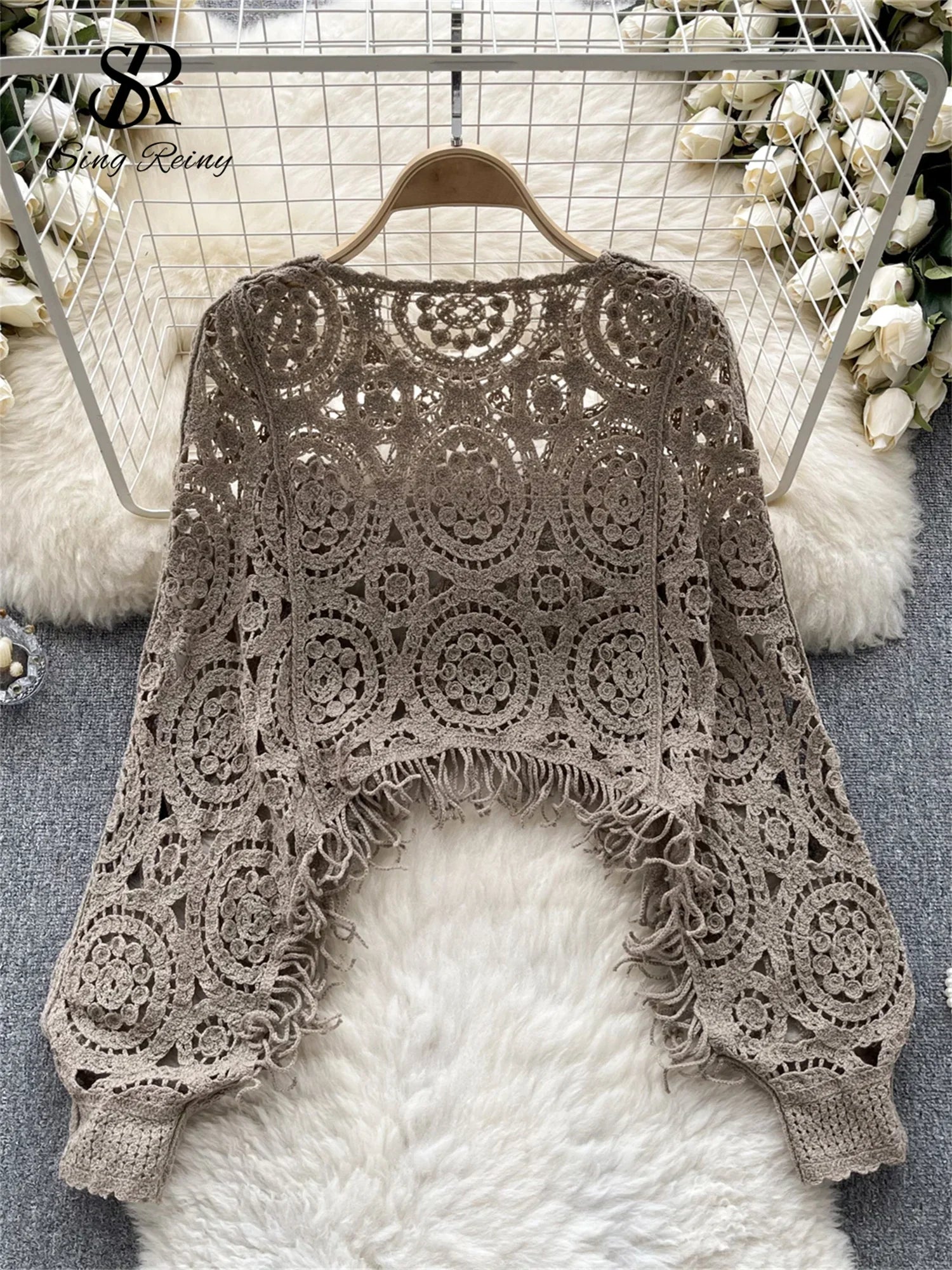 SINGREINY Autumn Casual Loose Knitting Top O Neck Hook Flower Hollow Long Sleeved Tassel Design Fashion French Vintage Blouse