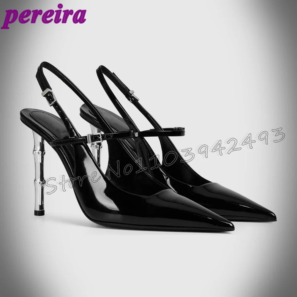 Black Patent Leather Pointed Toe Shiny Silver Heels Strappy Women's High Heels Sandals Stylish Outdoor Indoor Shoes New Summer