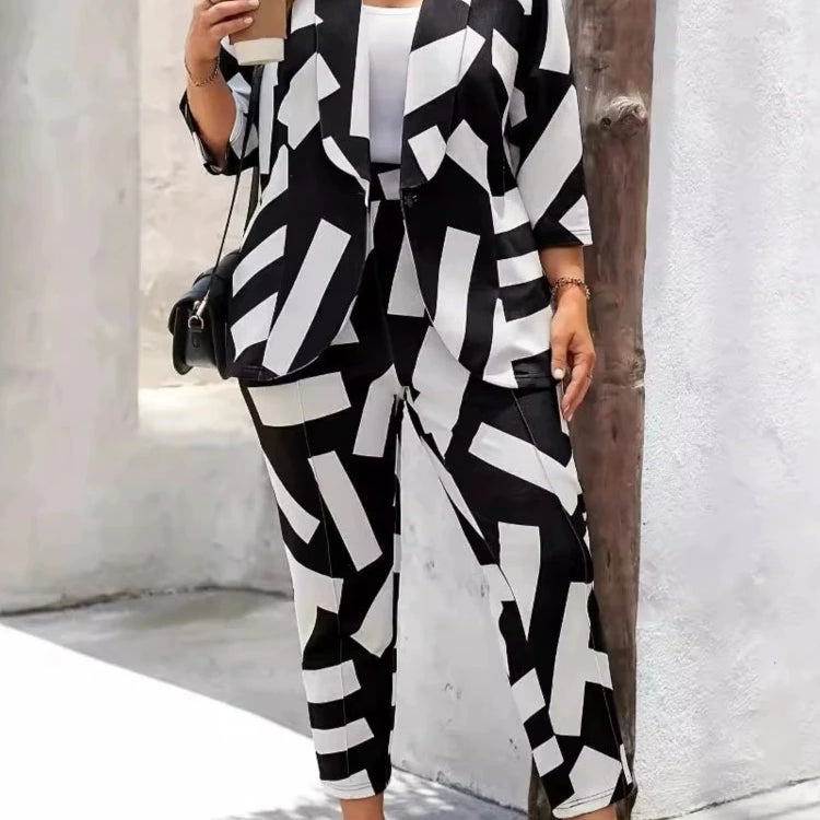 Plus Size Autumn Graffiti Print 2 Two Piece Set Women Long Sleeve Modis Ladies Blazer Suits Casual High Waist Woman Pencil Pants