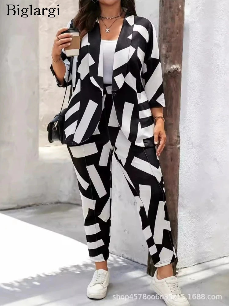 Plus Size Autumn Graffiti Print 2 Two Piece Set Women Long Sleeve Modis Ladies Blazer Suits Casual High Waist Woman Pencil Pants