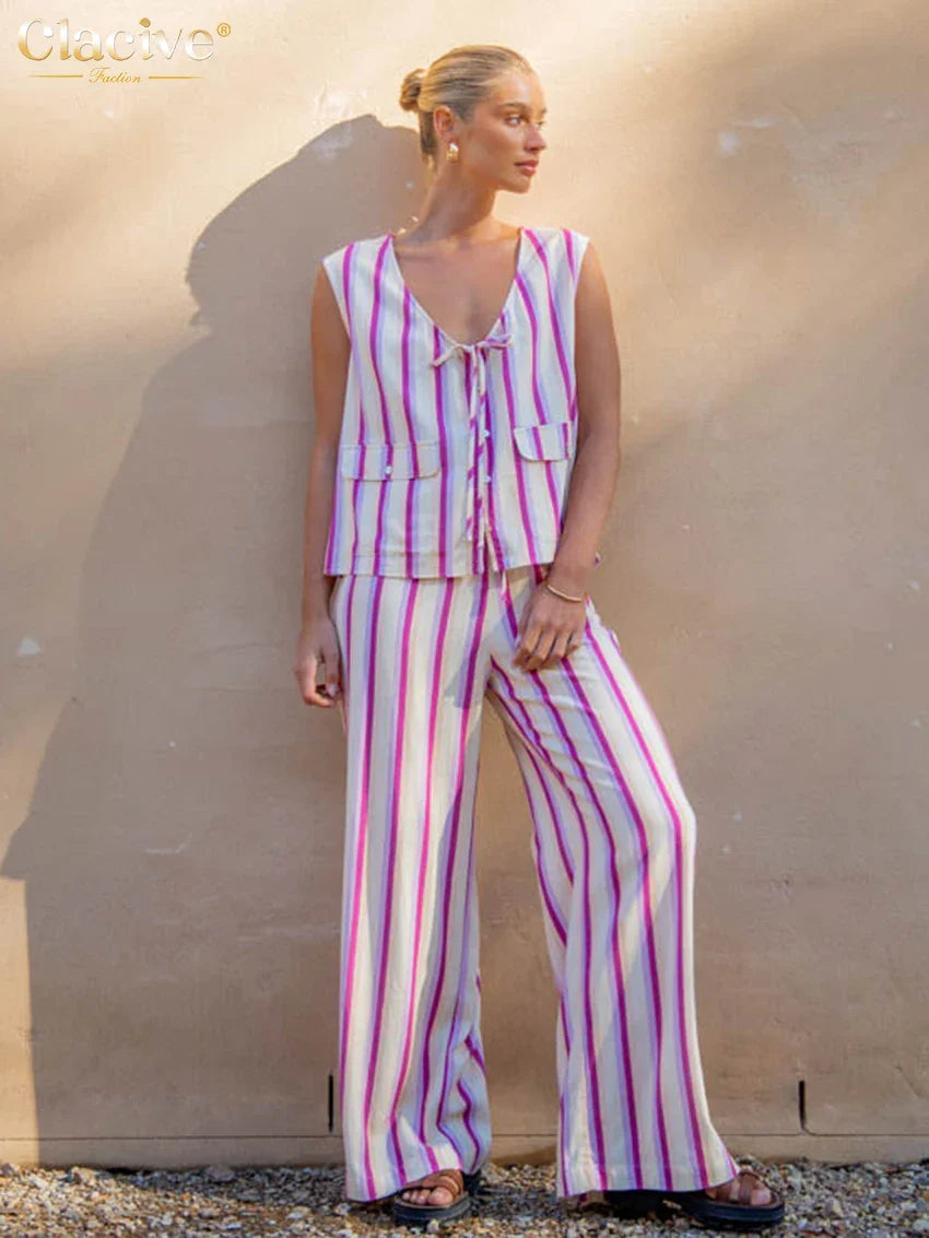 Clacive Summer Loose Print 2 Piece Sets Women Outfit Fashion Sleeveless Tank Top With High Waist Wide Pants Set Streetwear