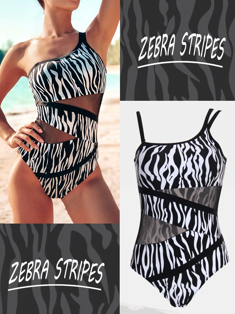 Sexy Mesh One-Piece Swimwear - One Shoulder Swimsuit Bodysuit Beachwear Brazilian Bathing Suits Summer Monokini Zebra Stripes