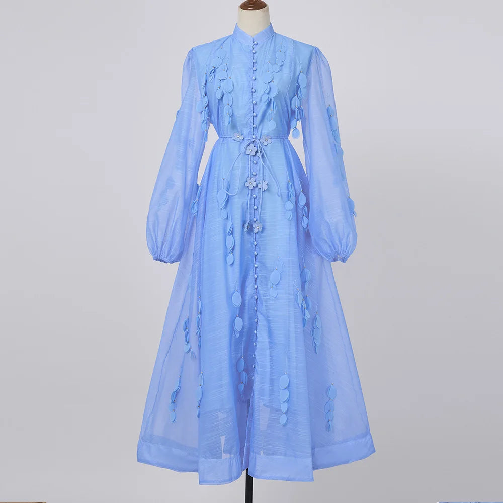 Luxury Beaded Appliques Flower Belt Mesh Dress Women Pearl Button Single Breasted Long Lantern Sleeve Prom Wedding Party Vestido blue