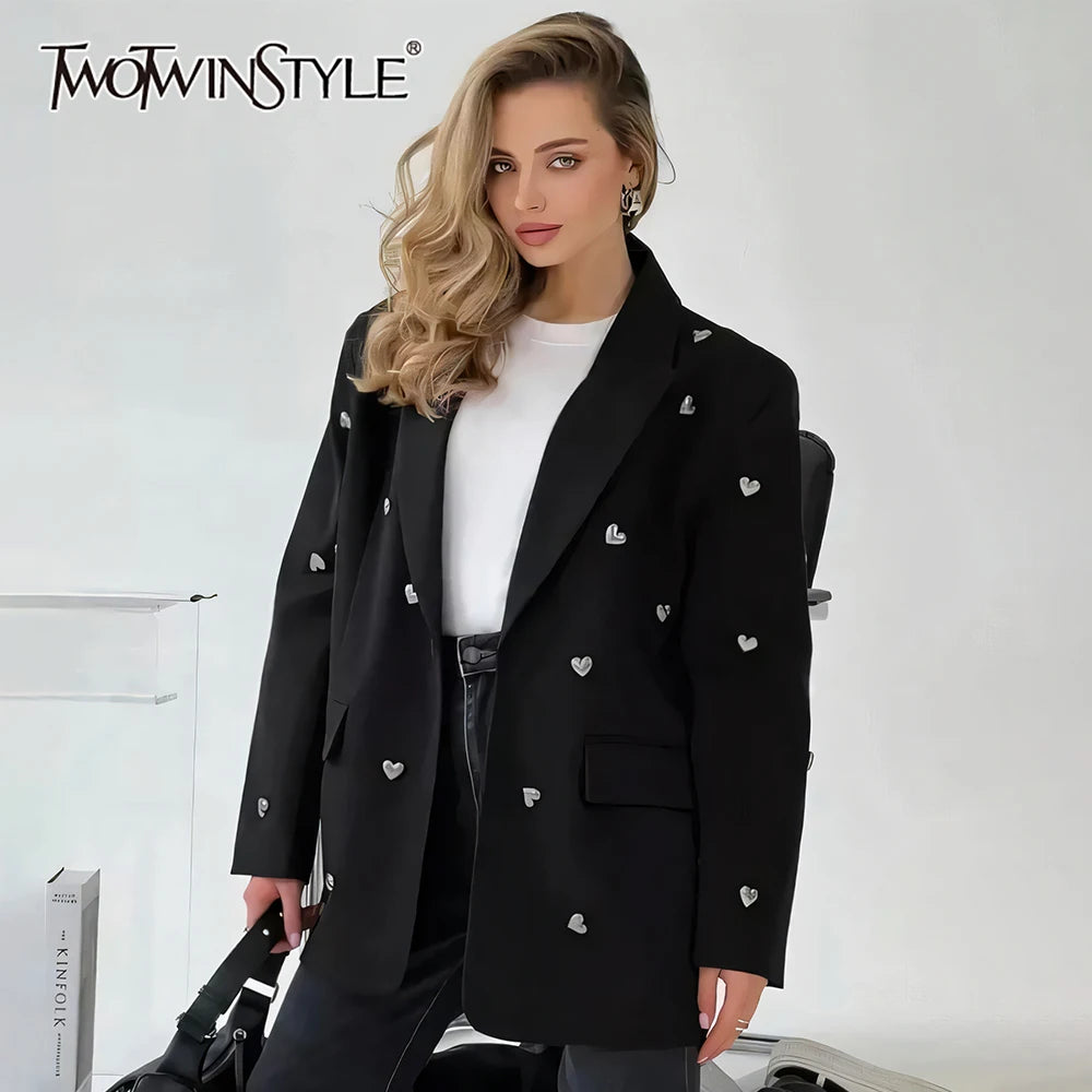 Elegant Spliced Heart Blazers For Women Notched Collar Long Sleeve Patchwork Pockets Chic Blazer Female Fashion New