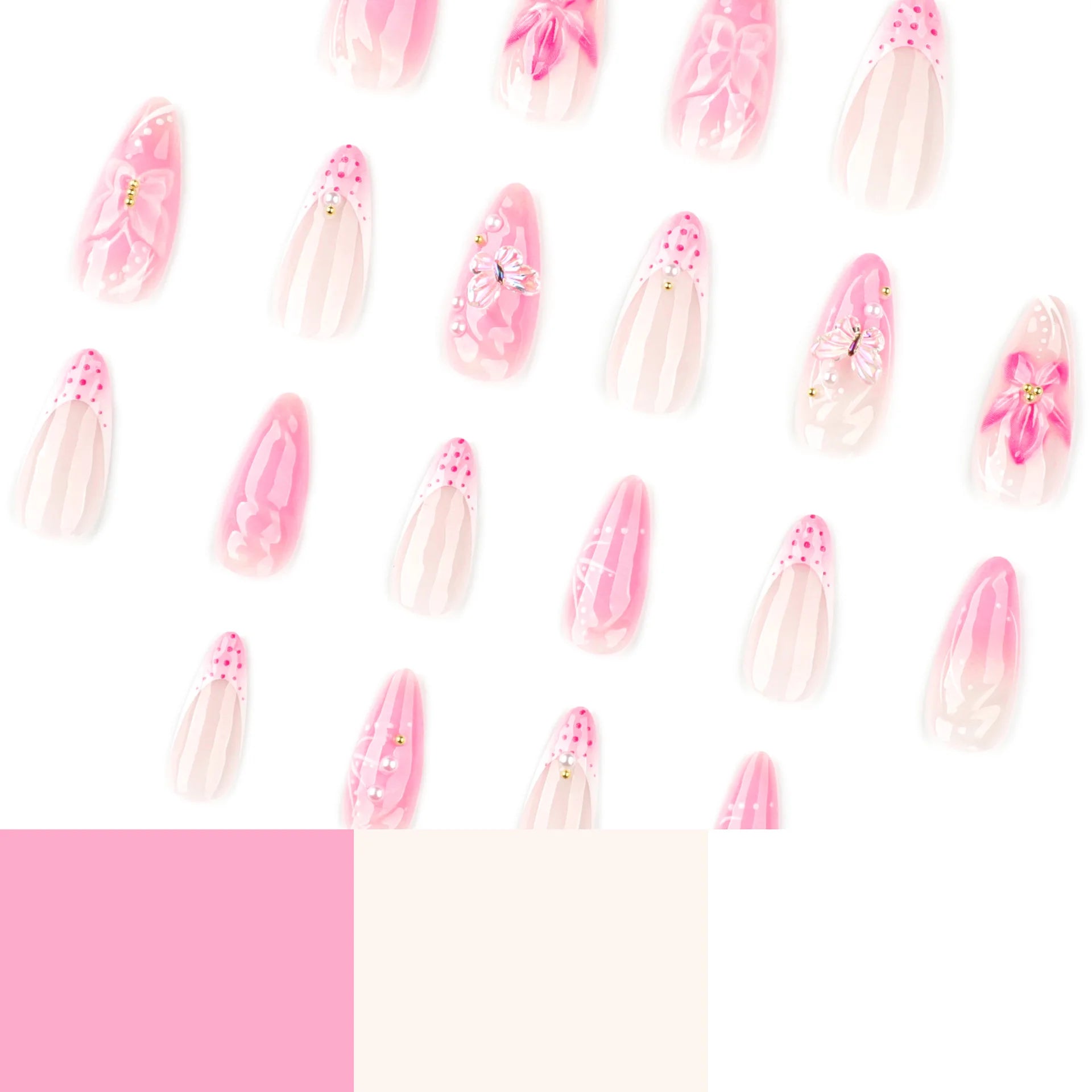 24pcs Sweet Pink Press on Nails 3D Butterfly Flowers Decor False Nail Tips Wearable Detachable Ins Korean Almond Fake Nails
