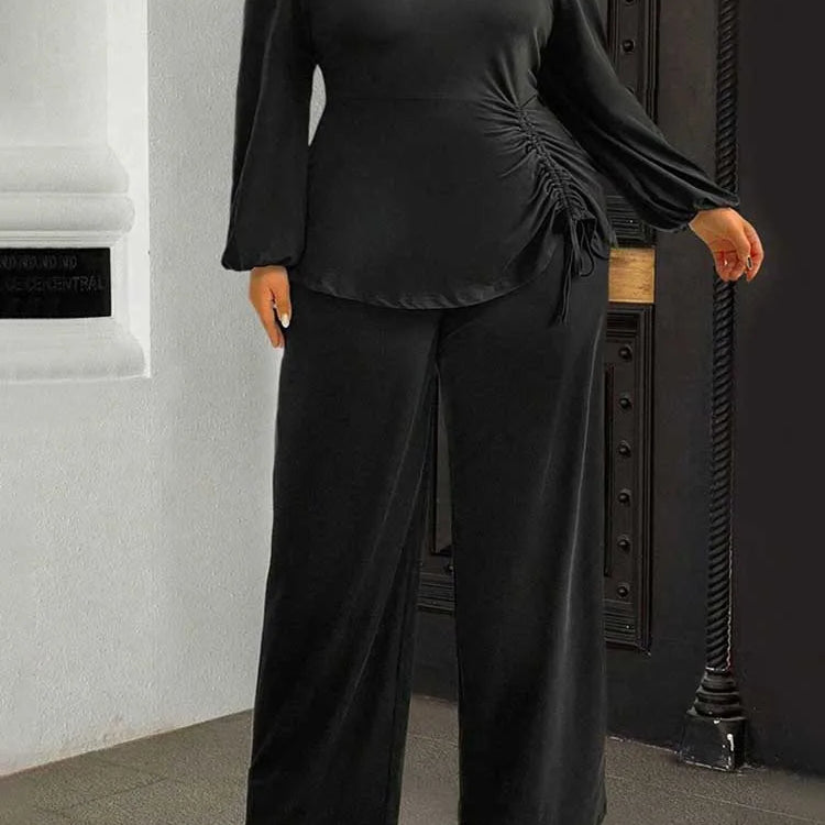 Autumn Plus Size Top and Pant Suit for Women 2 Pieces Pant Sleeve Ladies Pleated Elegant Casual Outfits Wholesale Dropshipping black