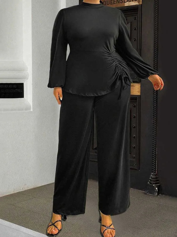 Autumn Plus Size Top and Pant Suit for Women 2 Pieces Pant Sleeve Ladies Pleated Elegant Casual Outfits Wholesale Dropshipping black