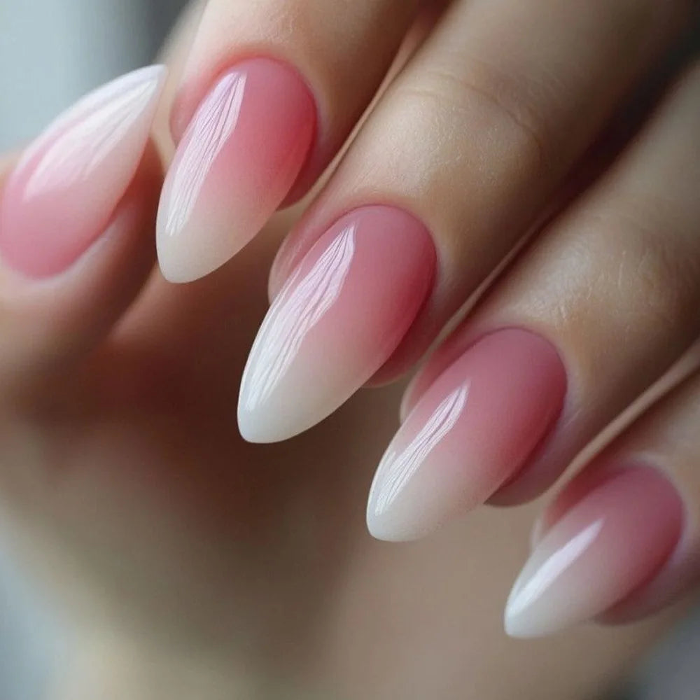 24pcs French Almond Fake Nail Sweet Pink White Gradient False Nail Tips for Lady Women Wearable Ins Simple Korean Press on Nails style 4