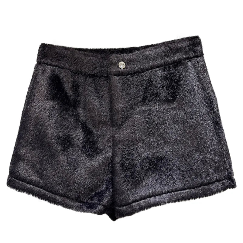 Winter New Elegant Fashion Rhinestone Buckle Faux Mink Fur Thickened Shorts For Women Solid Color Boot Pants 11A07520