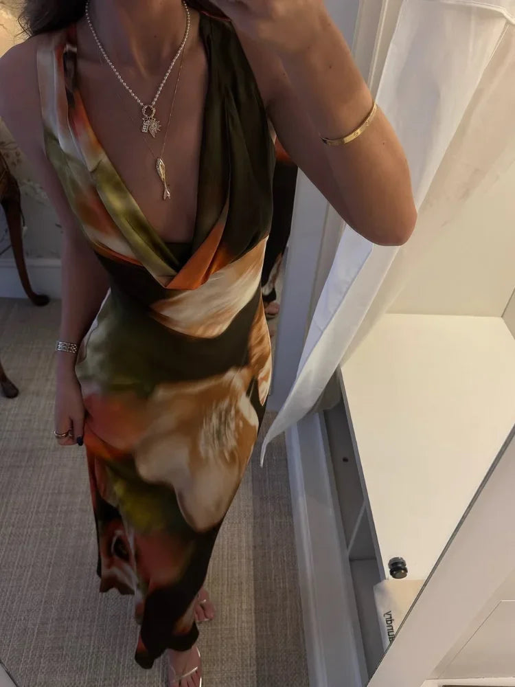 Women Tie Dyed Print Ruffles Maxi Dress Elegant Swing Neck Slim Fit Maxi Dresses Sexy Open Back Summer Evening Party Gowns 2025