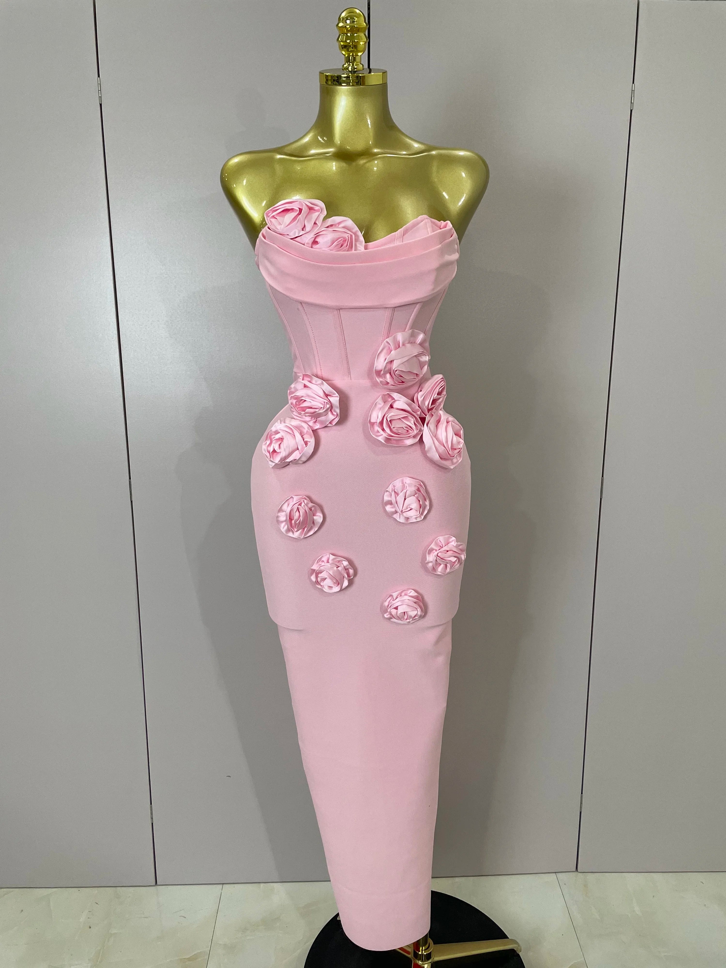 Sexy Fashion White Elegant Strapless Flower Bodycon Long Dress Women Casual Streetwear Club Birthday Party Slim Elegangt Dresses Pink