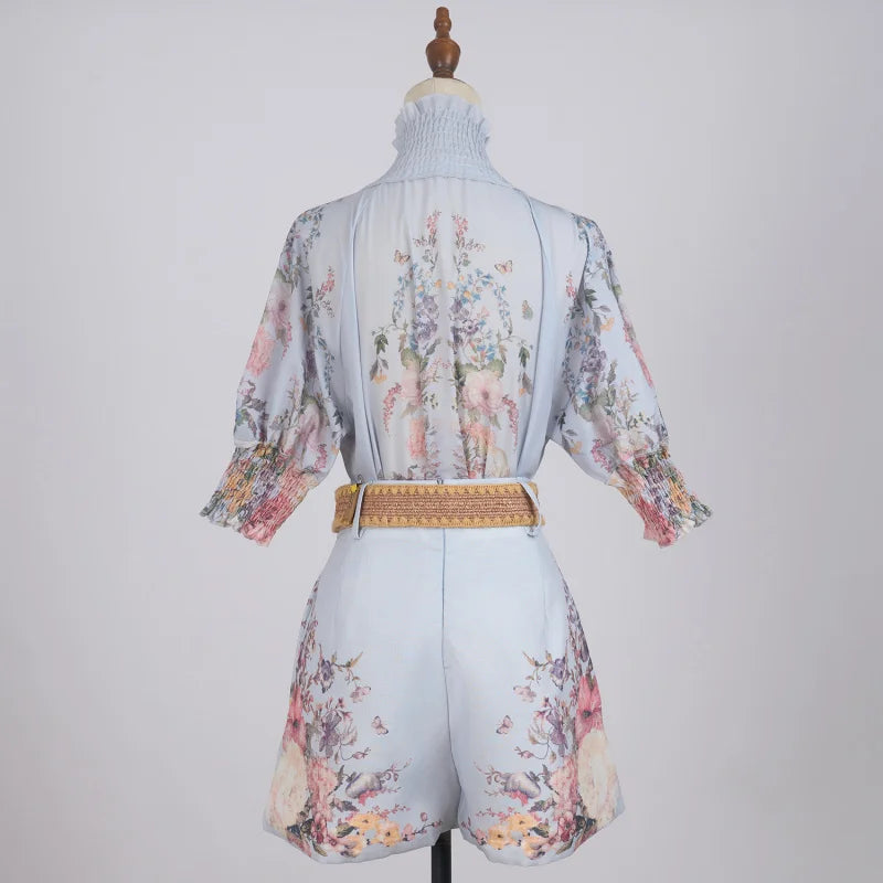 Real Shot Spot Australian Design Positioning Printing Single-Breasted Cotton and Linen High-End Puff Sleeve Shirt Shorts with Be