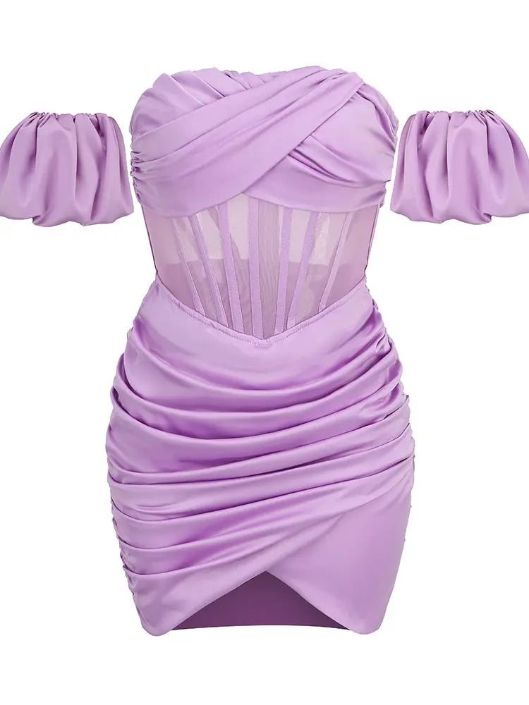 Ailigou New Summer Women's Bubble Sleeves Off Shoulder Pleated Sexy Tight Mini Dress Party Nightclub Elegant Dress Vestido