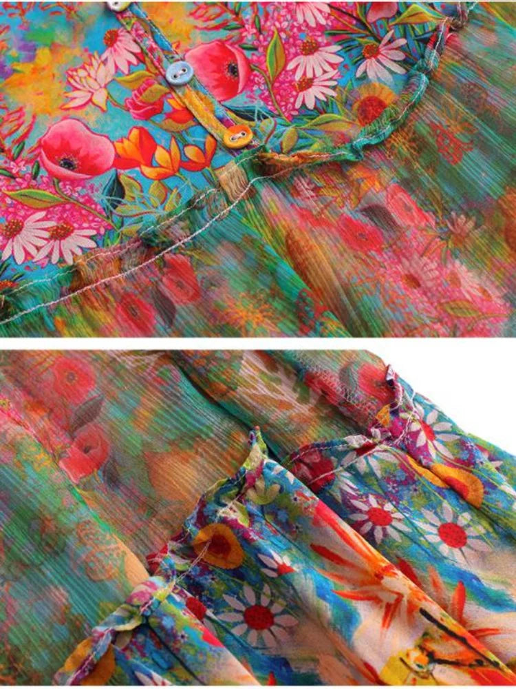 Summer 2023 Beach Boho Vintage Print Chiffon V Neck Dress Elegant Party Robe Designer Vestidos Loose Midi Dresses