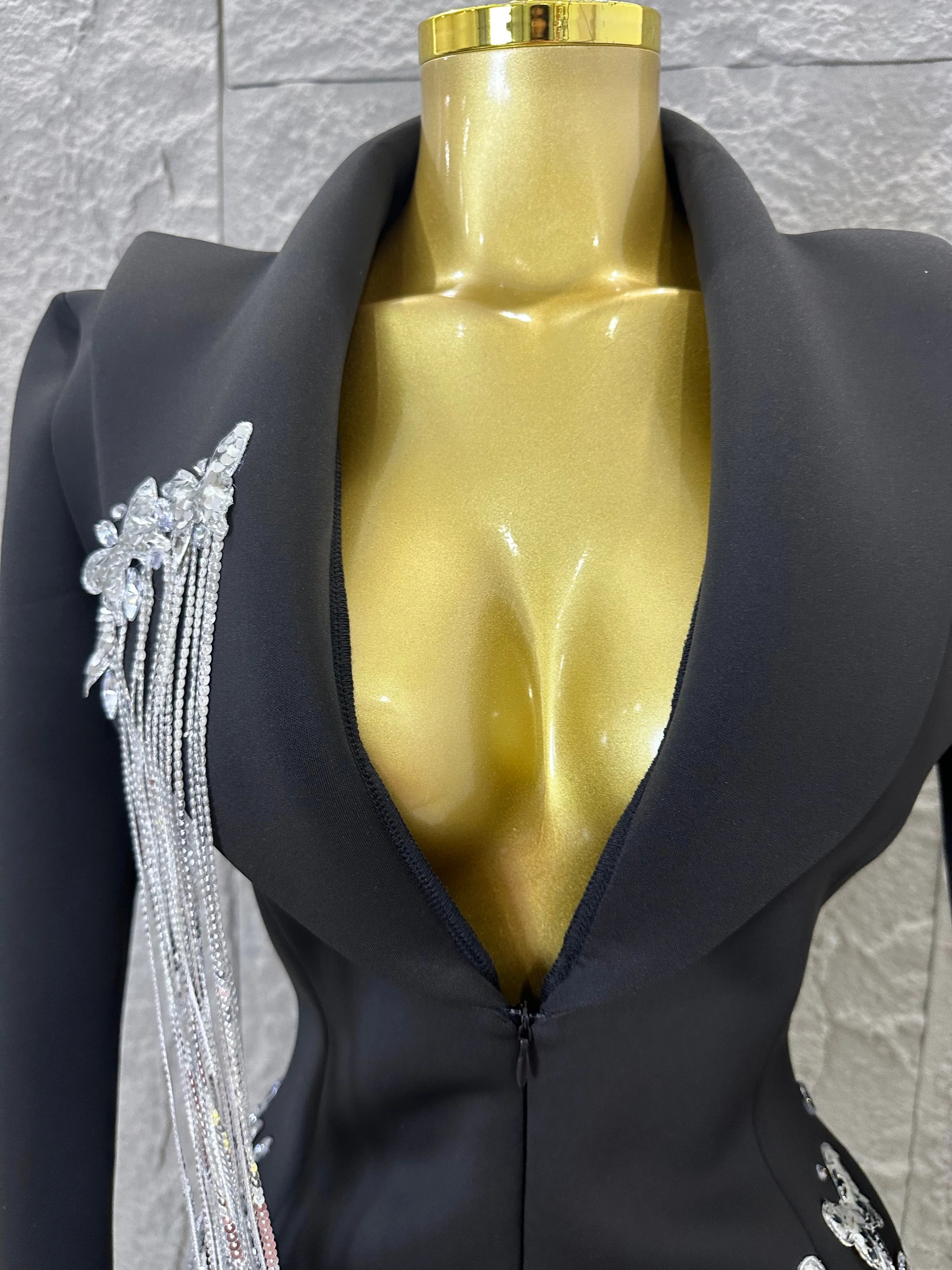 Luxury Black Blazer Mini Dress Deep V Neck Silver Crystal Beaded Butterfly Long Tassel Formal Evening Cocktail Gala Party Gown