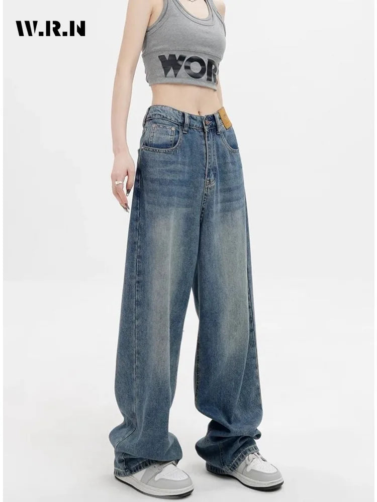 Women Retro Aesthetic Wide Leg Baggy Casual Denim Trouser Harajuku Blue High Waist Loose Jeans Spring Fashion Pants