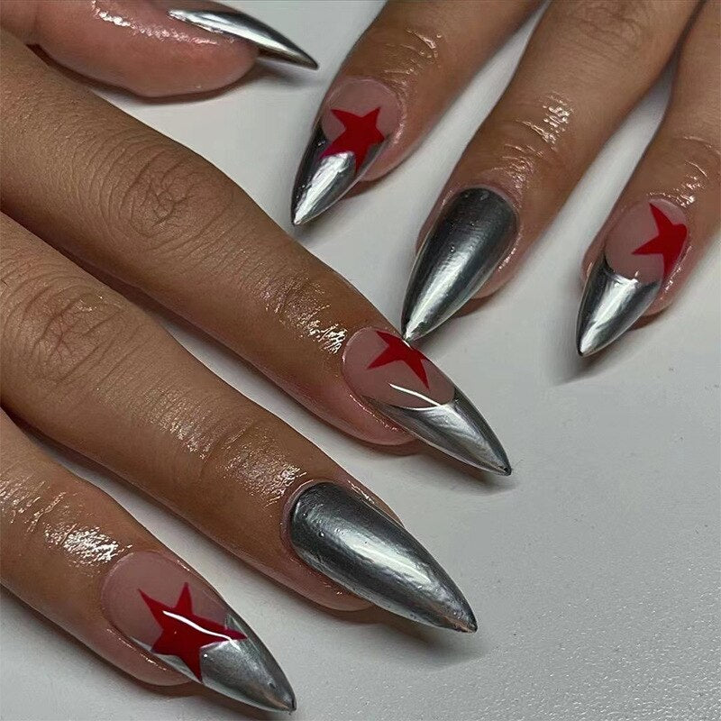 Sweet Cool Silver Stars Rhinestone Wearable Almond Shape Fake Nails Y2K Finished False Nails Press on Nails with Glue Wholesale MT942JP2049