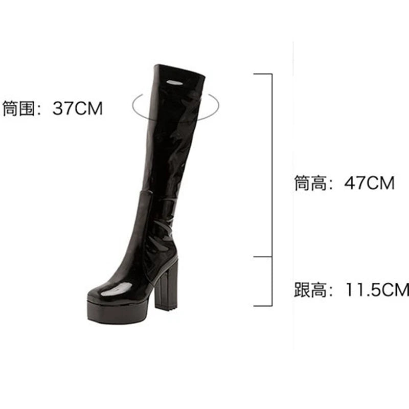 SIMLOVEYO Platform Knee High Boots Toe Block Heels Rubber Size 34-43 Black White Blue S2729