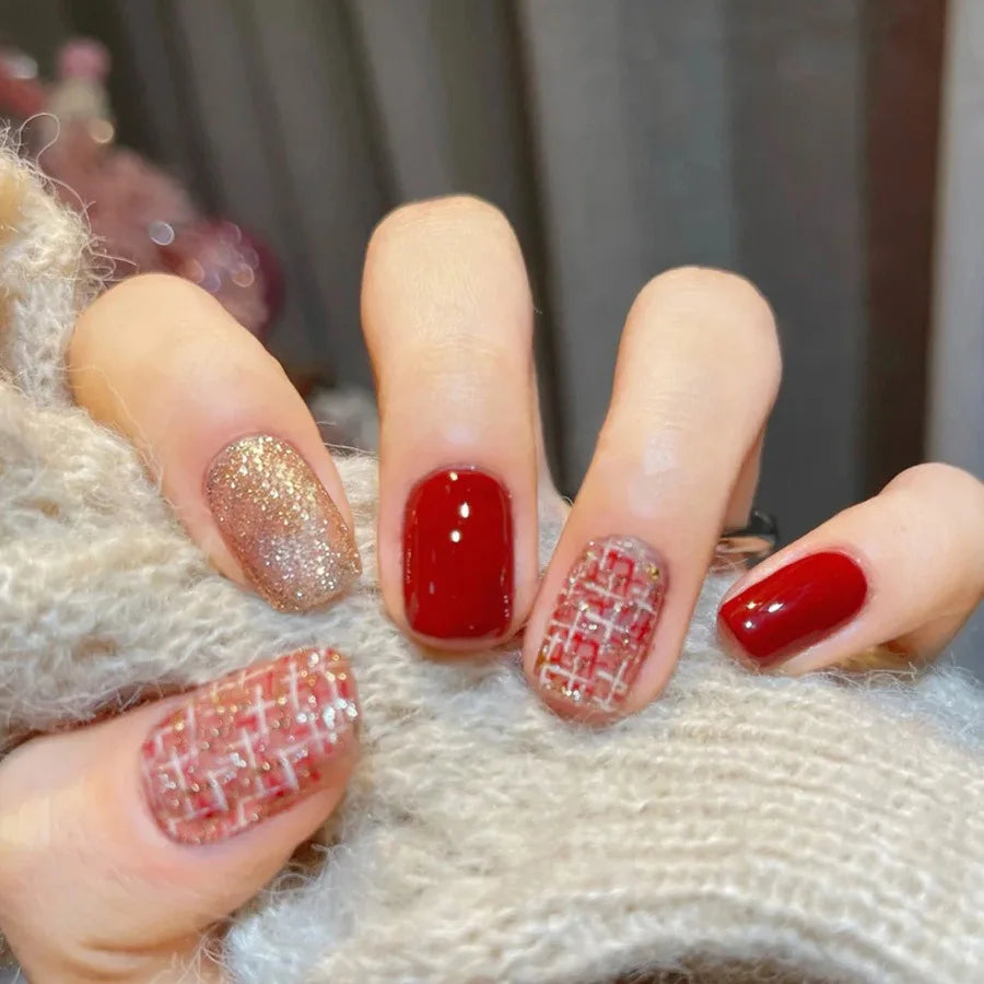 24pcs/set short medium fake nails square ballet tips new year red gradient colors with glitters faux ongles press on false nail 1754