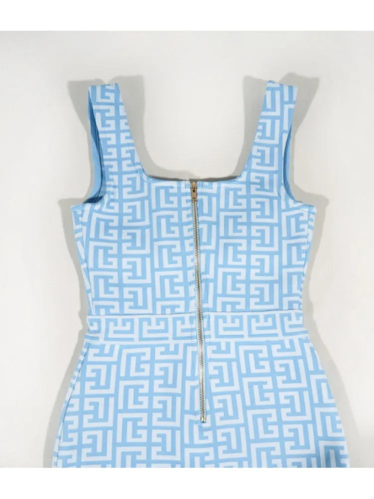 Women Summer Sexy Skyblue Jacquard Mini Bodycon Bandage Dress Elegant Evening Party Dress