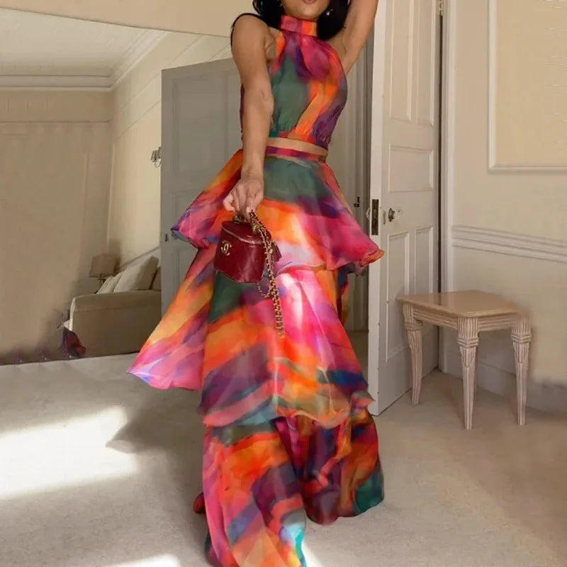 Women Dress Sleeveless Printed Vest Long Ruffles 2024 Summer Beach Sexy Night Party Dresses Outfits As Picture