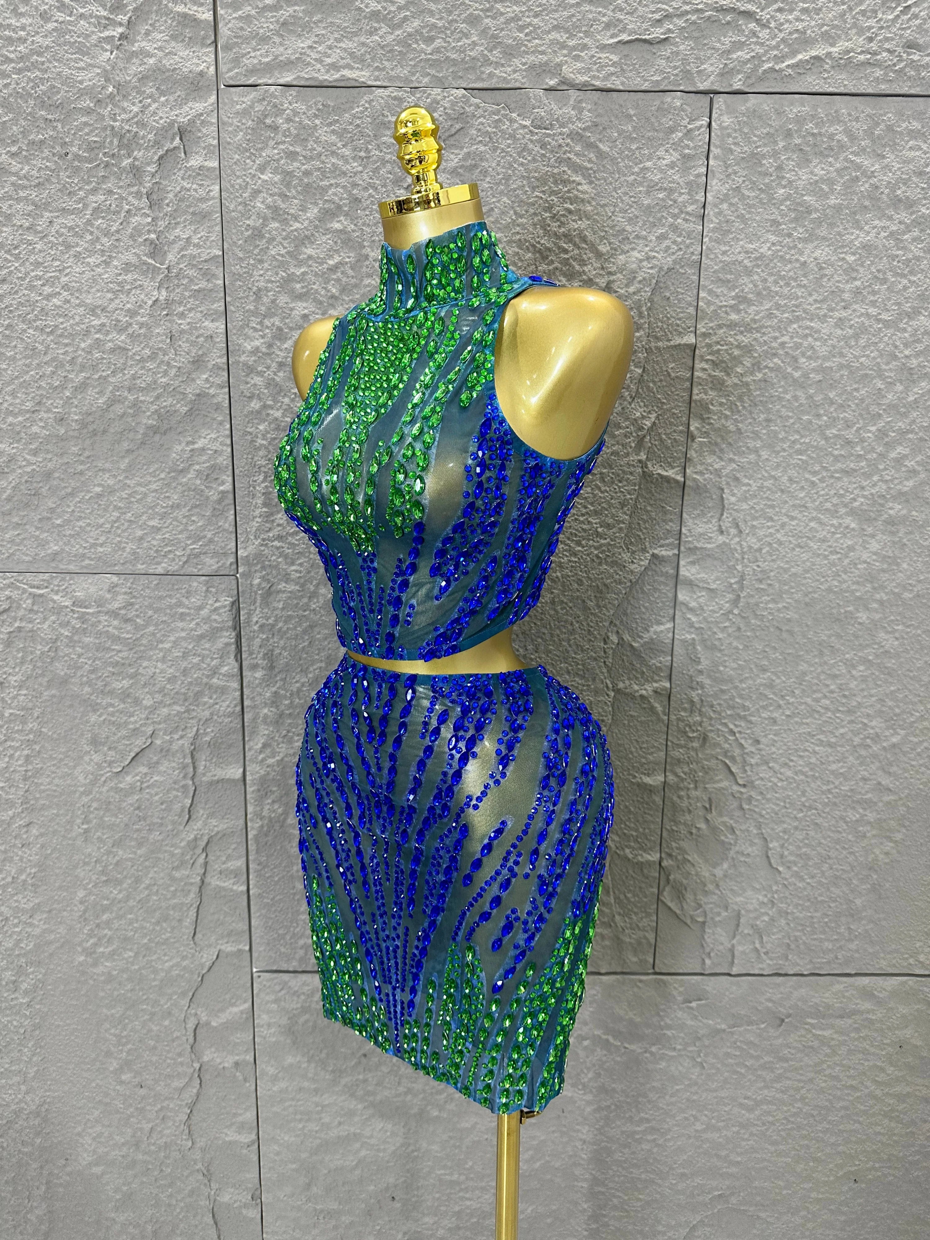 Sexy Blue Green High Neck Two Piece Set Women Sheer Mesh Full Crystal Crop Top Mini Skirt Outfit Formal Event Party Costume