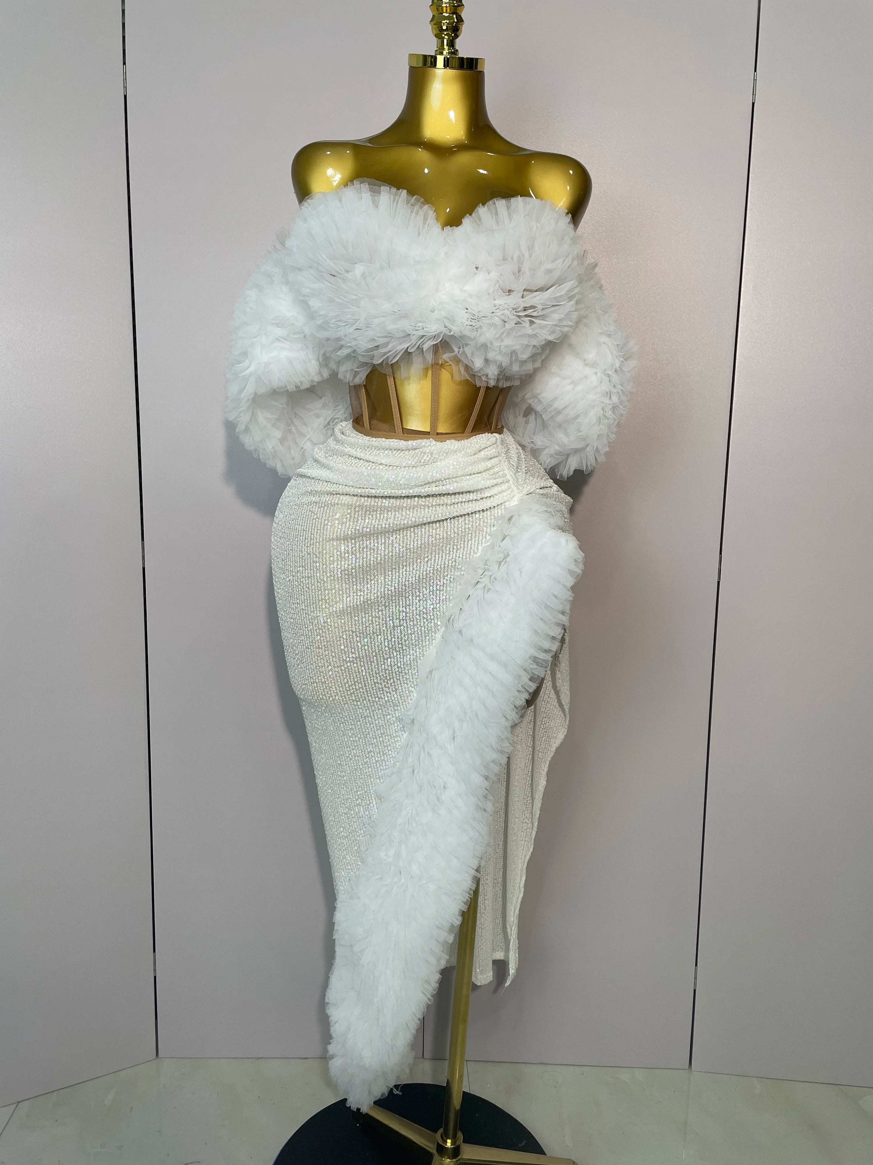 2025 Women White Sequins Top Short Skirt Two Pieces Set Sexy Celebrate Evening Prom Birthday Dress Nightclub Stage Outfit WHITE