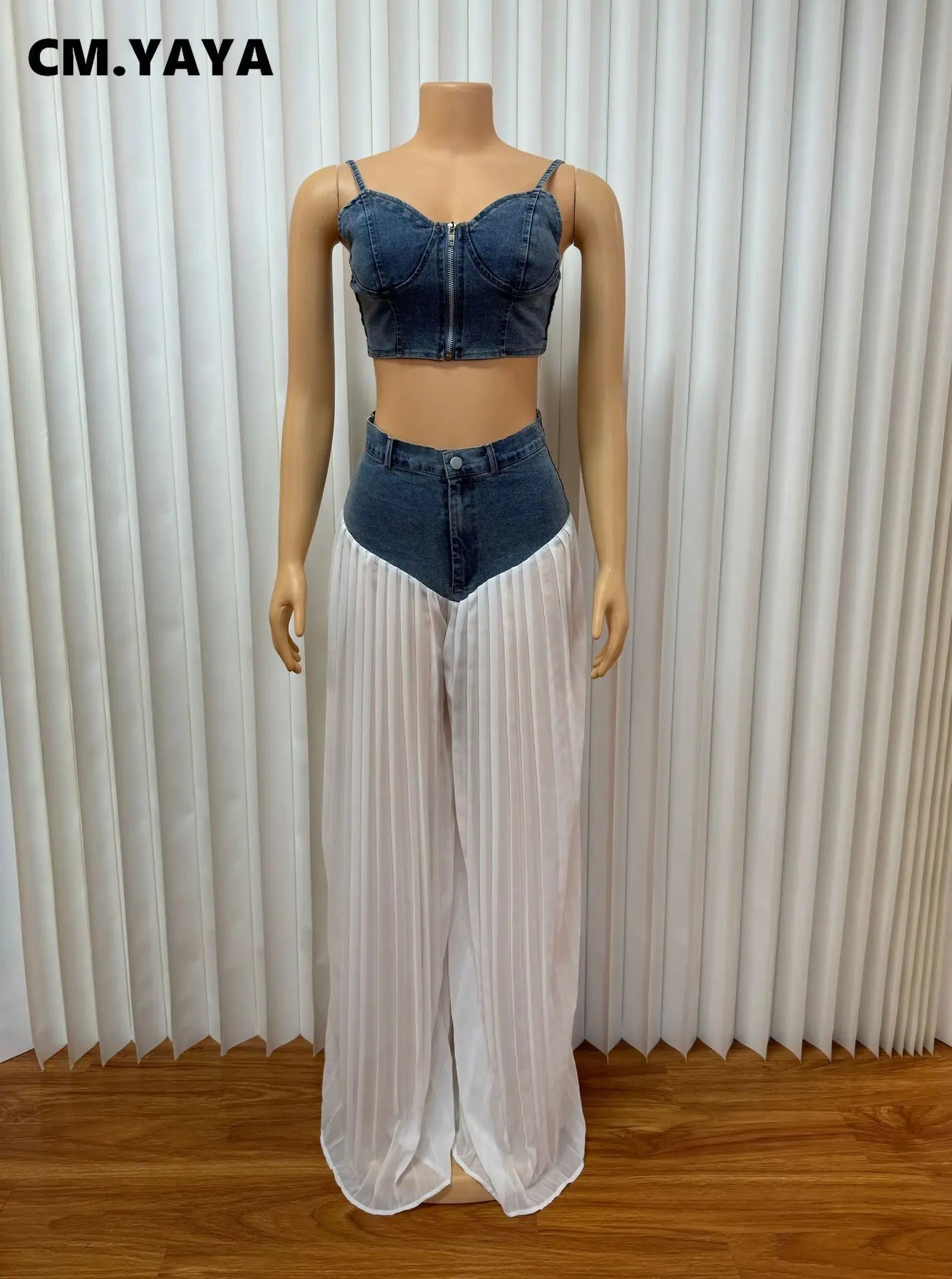 Fashion Denim Chiffon Women's Set Strapless Crop Top and Jeans Pants Suits 2025 Sexy Party Club Two 2 Piece Set Outfits