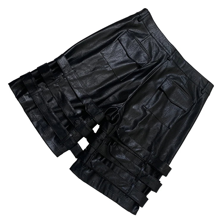 Nerazzurri Summer Autumn Black Faux Leather Shorts for Men with Many Belt Mens High Waist Short Straight Pants Emo Clothes 2025