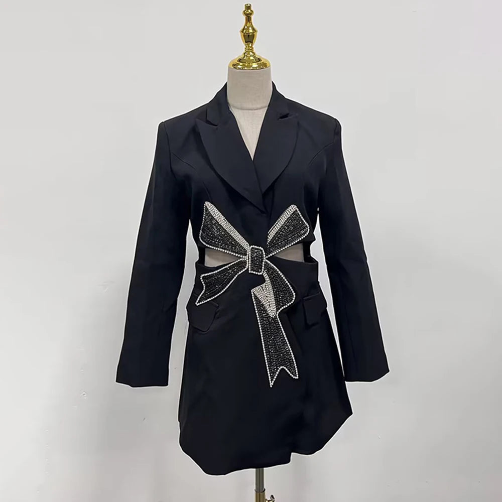 Solid Hollow Out Spliced Bow Fashion Jackets for Women Lapel Long Sleeves Patchwork Button Jacket Female Clothing BLACK