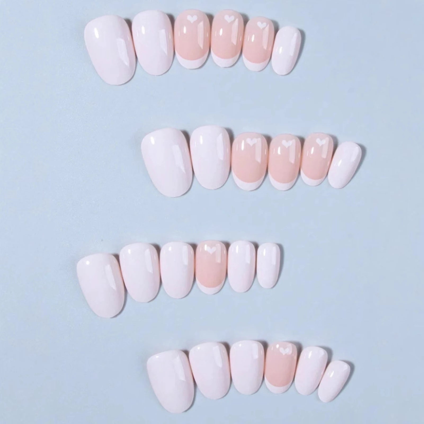 Short Oval Shaped False Nails for Women 24Pcs White French Press On Nails Love Heart Printed Wearable Acrylic Fake Nails Patches