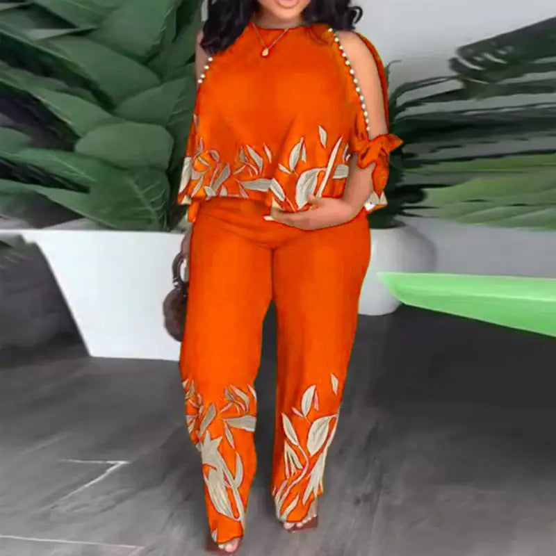 Plus Size 5XL Elegant Women Pant Sets 2024 VONDA Summer Cold Shoulder 2pcs Casual 3/4 Sleeve Tops Vintage Printed Matching Sets Orange