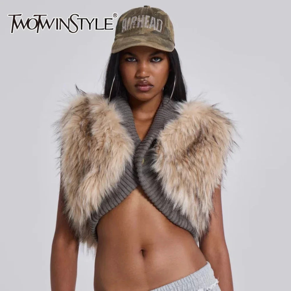 Solid Slimming Fashion Tank for Women V Neck Sleeveless Patchwork Fur Luxurious Top Female Autumn Retro Style New