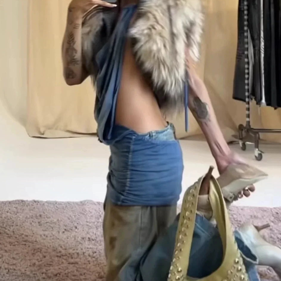 Solid Slimming Fashion Tank for Women V Neck Sleeveless Patchwork Fur Luxurious Top Female Autumn Retro Style New