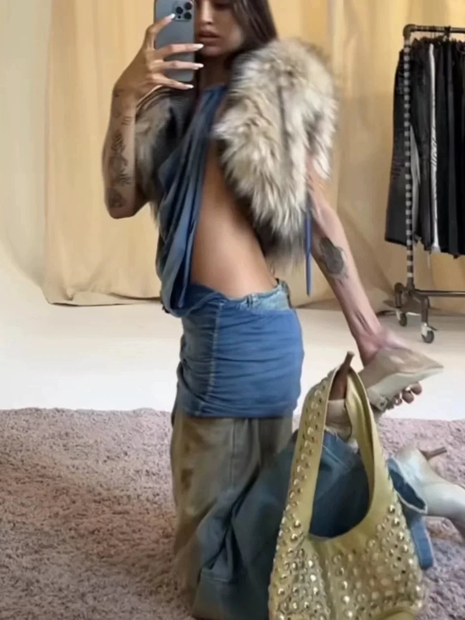 Solid Slimming Fashion Tank for Women V Neck Sleeveless Patchwork Fur Luxurious Top Female Autumn Retro Style New