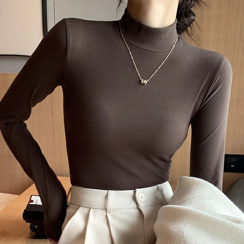 New Knitted Half-turtleneck Pullovers Women Bottom Shirts Sweater Jumper Elegant Korean Fashion Long-sleeved Tops Knitwear Coffee