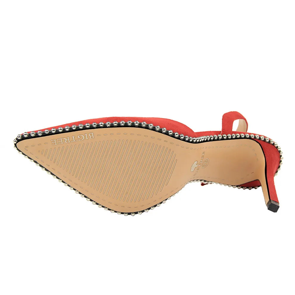 Women 9m High Heels Sandals Lady Suede Slingback Mules Sandles Summer Stripper Nightclub Dress Rivets Replica Hollow Party Shoes