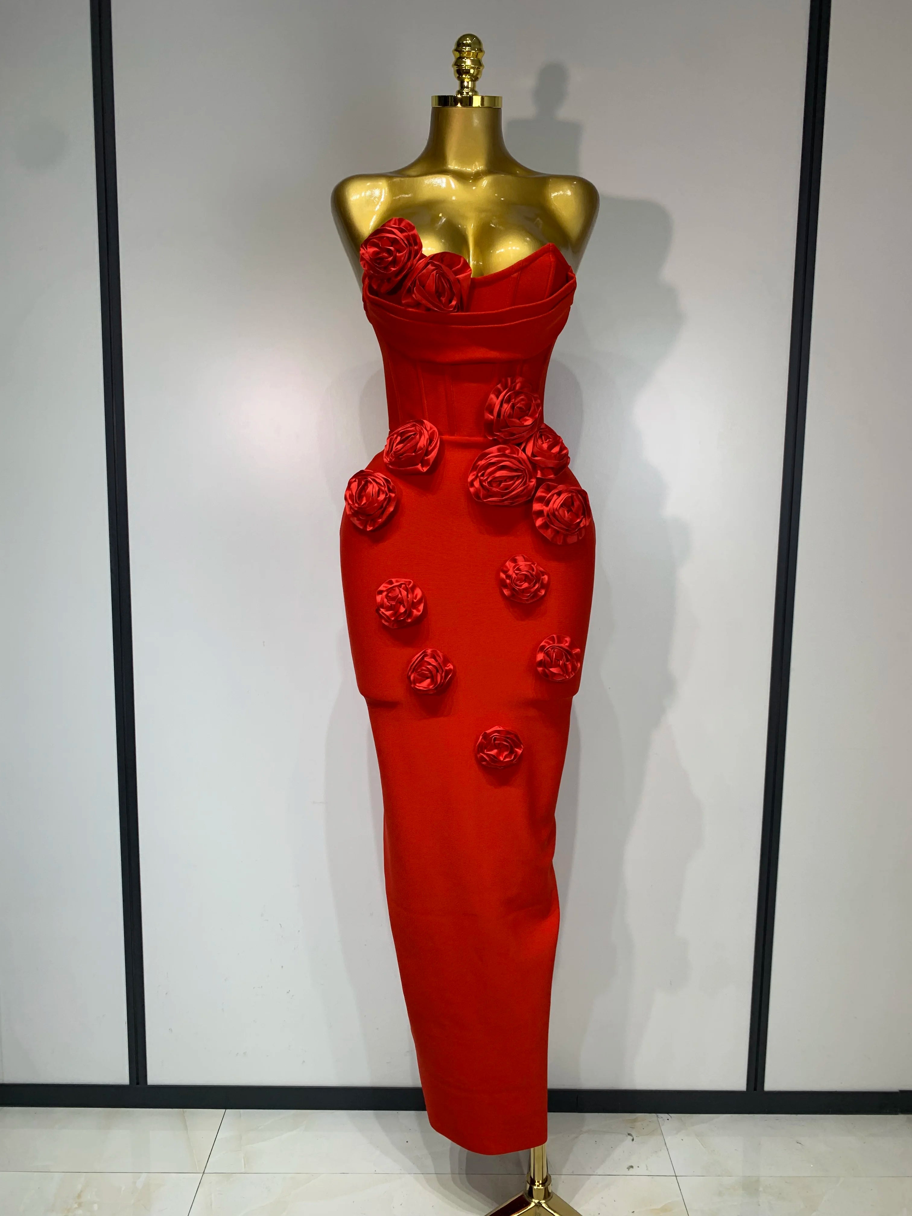 2025 Newest Women Sexy Strapless Backless Red Flower Midi Bandage Dress Celebirty Elegant Evening Club Party Birthday Dresses Red