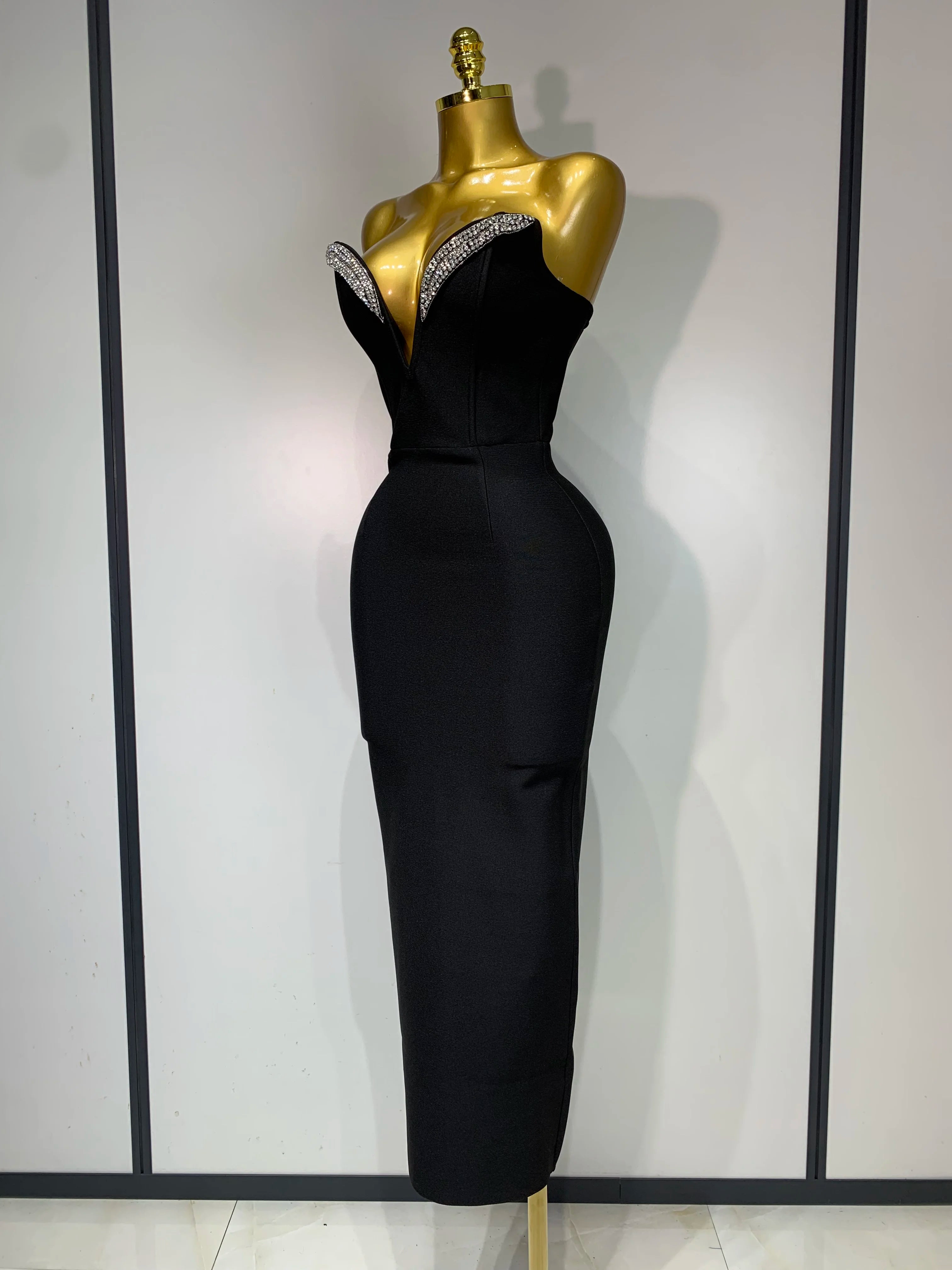 Women Sexy Strapless Sparkly Rhinestones Bodycon Bandage Long Dress Fashion Celebrate Evening Party Luxury Birthday Dresses