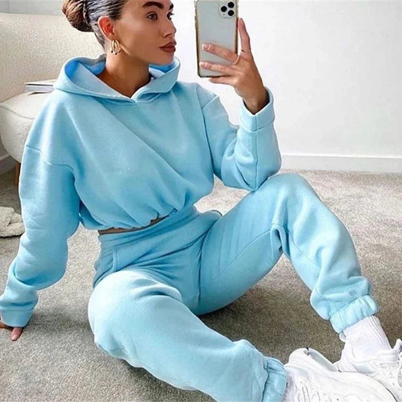 Autumn Winter Women Sweatshirt Set Solid Color Casual Simple Hooded 2 Piece Outfit Set Fashion Gym Jogging Woman Pant Sets Blue