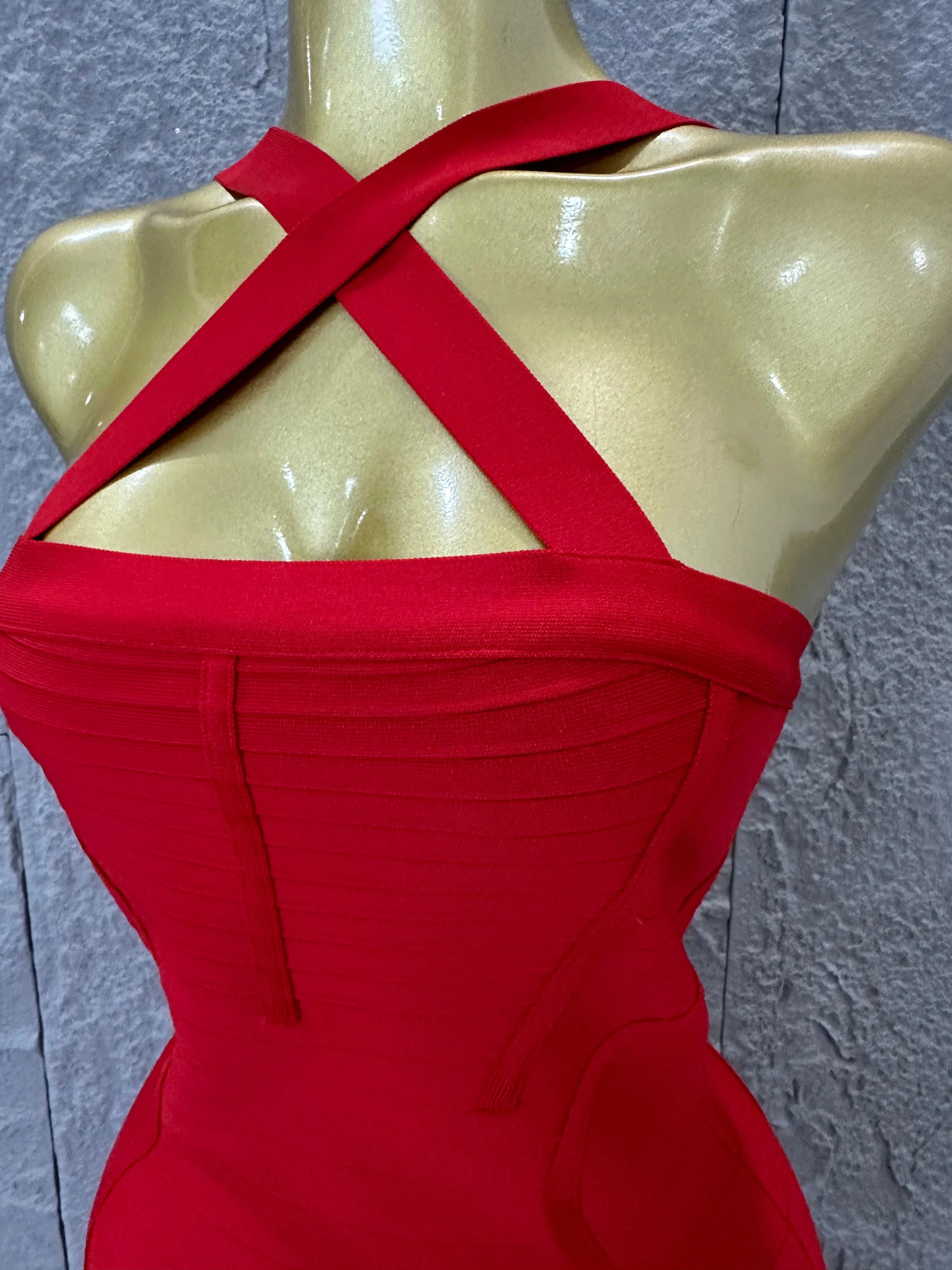 Elegant Red Halter Neck Mini Dress Women Sexy Criss Cross Strap Bandage Form-Fitting Outfit Cocktail Party Costume