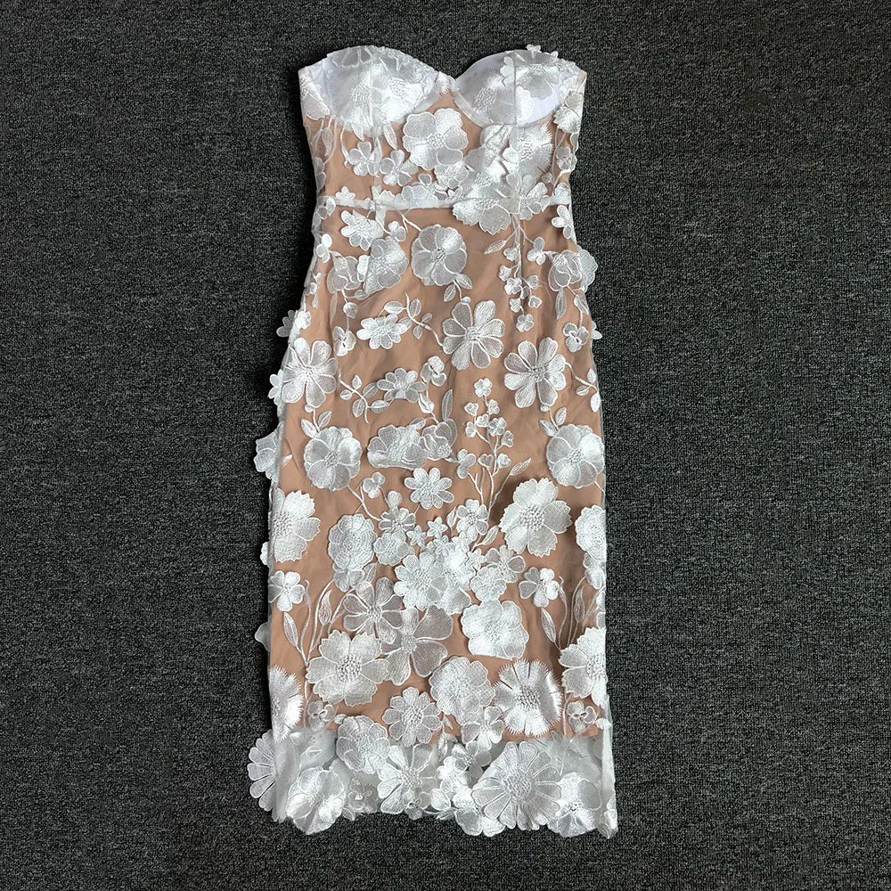 New Red Color Women Strapless Embroidery Flowers Bodycon Midi Bandage Dress Fashion Celebrate Birthday Evening Party Dress