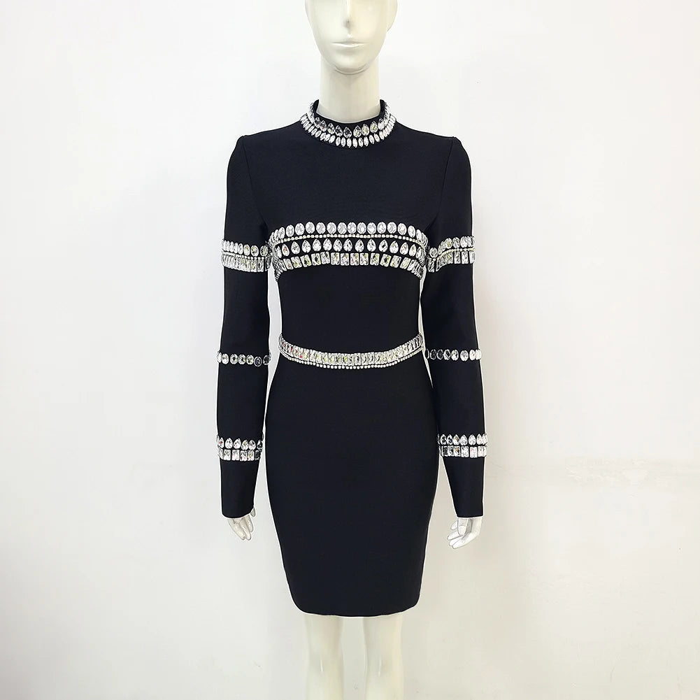 2023 New Winter Black Color Women Long Sleeve Big Crystal Bodycon Mini Dress Bandage Fashion Elegant Evening Party Dress Vestido