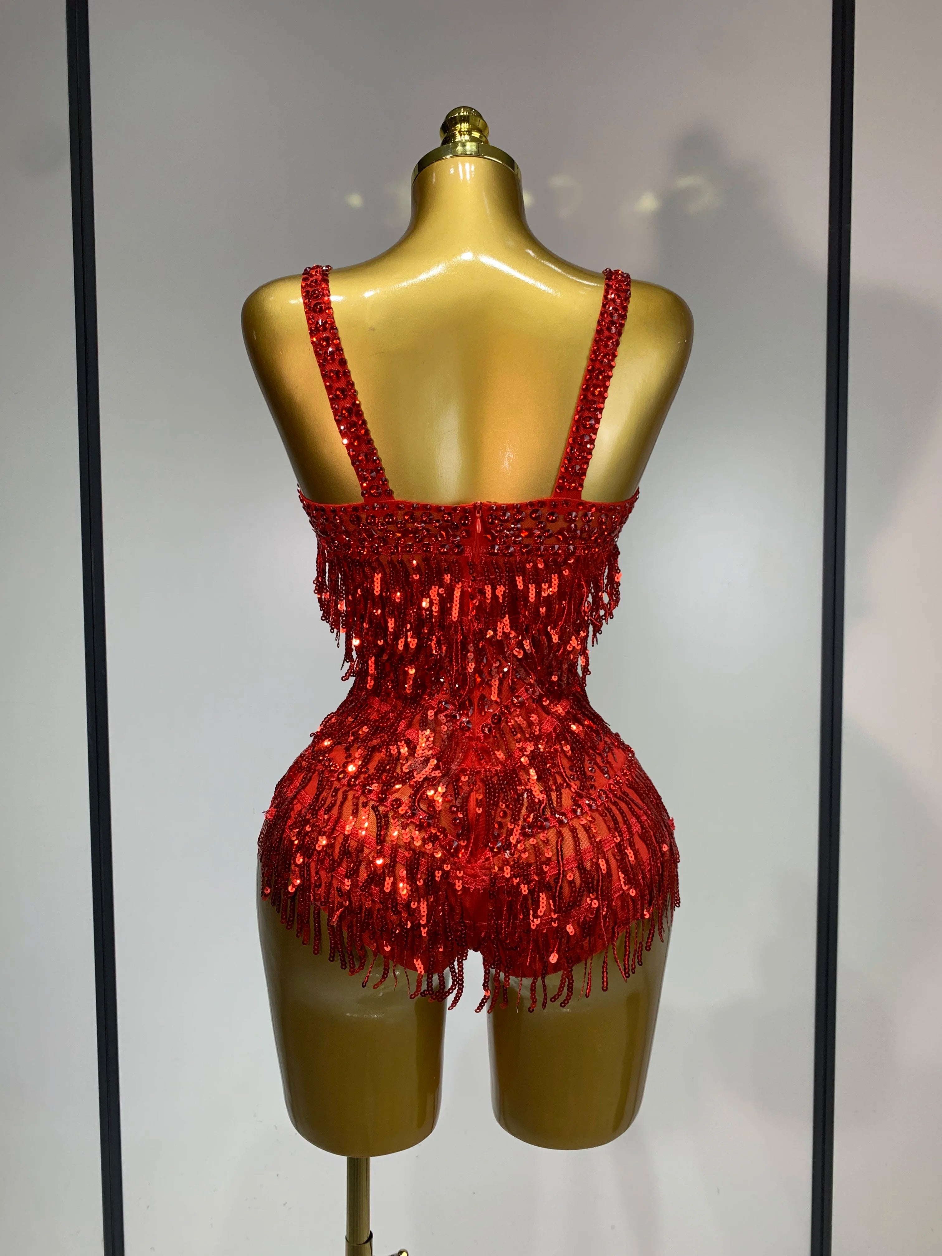 Sparkly Rhinestone Tassel Sexy Backless Mesh Bodysuit Women Luxury Birthday Party Nightclub Bar Dencer Stage performance Costume