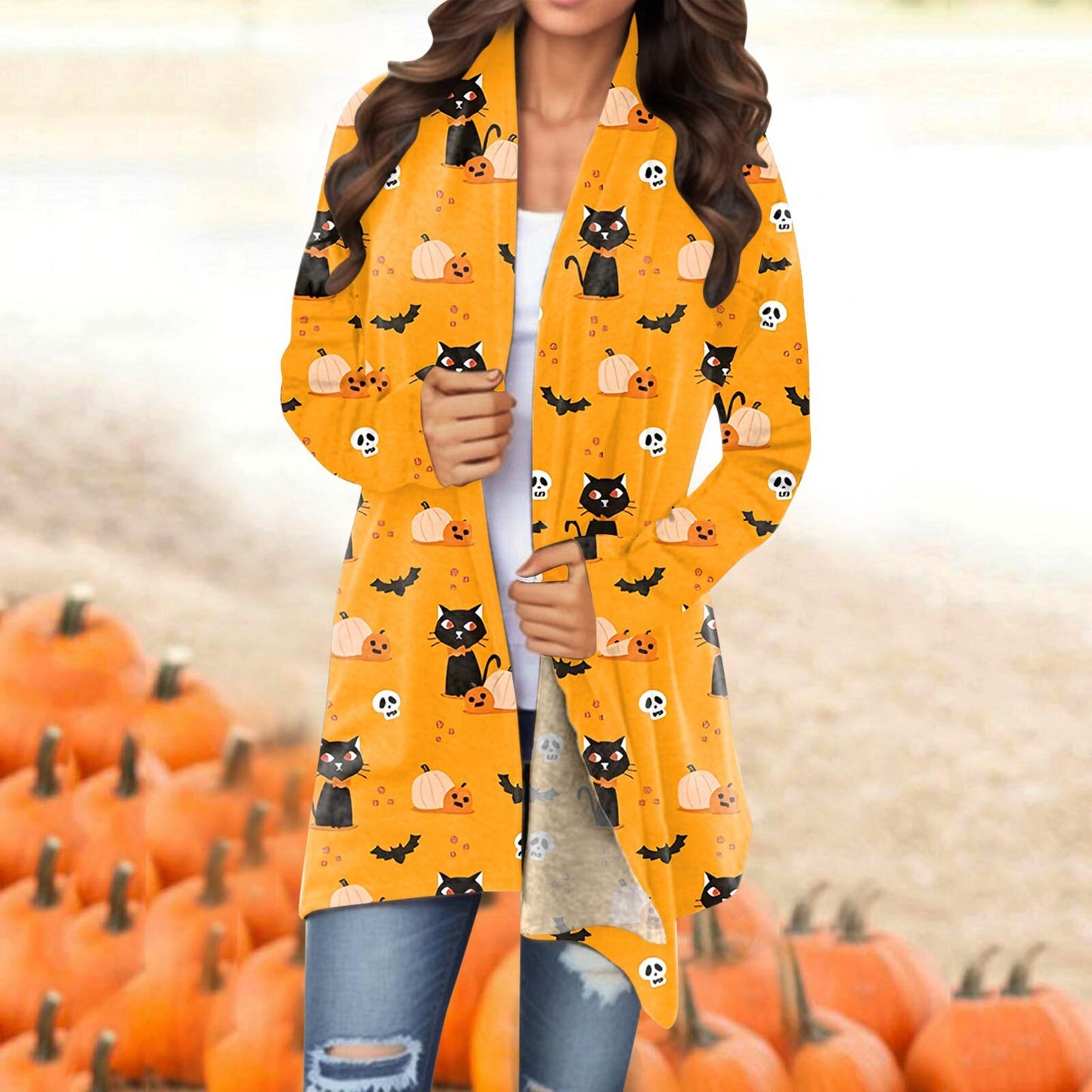 Women Halloween Cardigan Coat Fashionable Pumpkin Animal Cat Vat Printing Jacket Long Sleeve Coat Female Autumn Winter Clothes