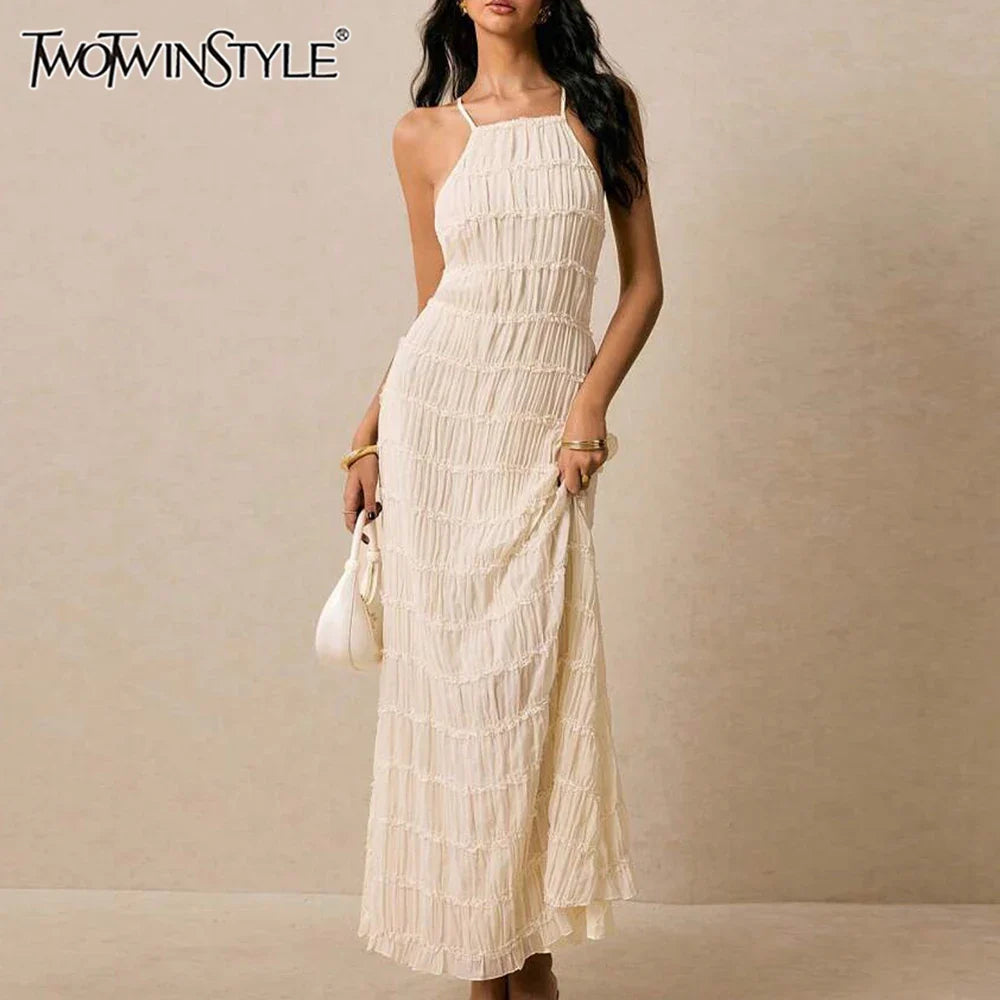 Slimming Sheer Spliced Striped Casual Dresses for Women Halter Neck Sleeveless Backless Dress Female Fashion New