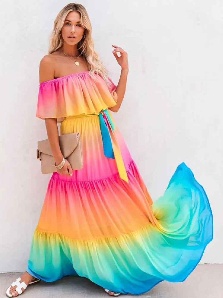 Multicolored Bohemian Ruffled Off Shoulder Self Belted Party Dress Cotton Tunic Women Boho Maxi Dresses Vestidos A324