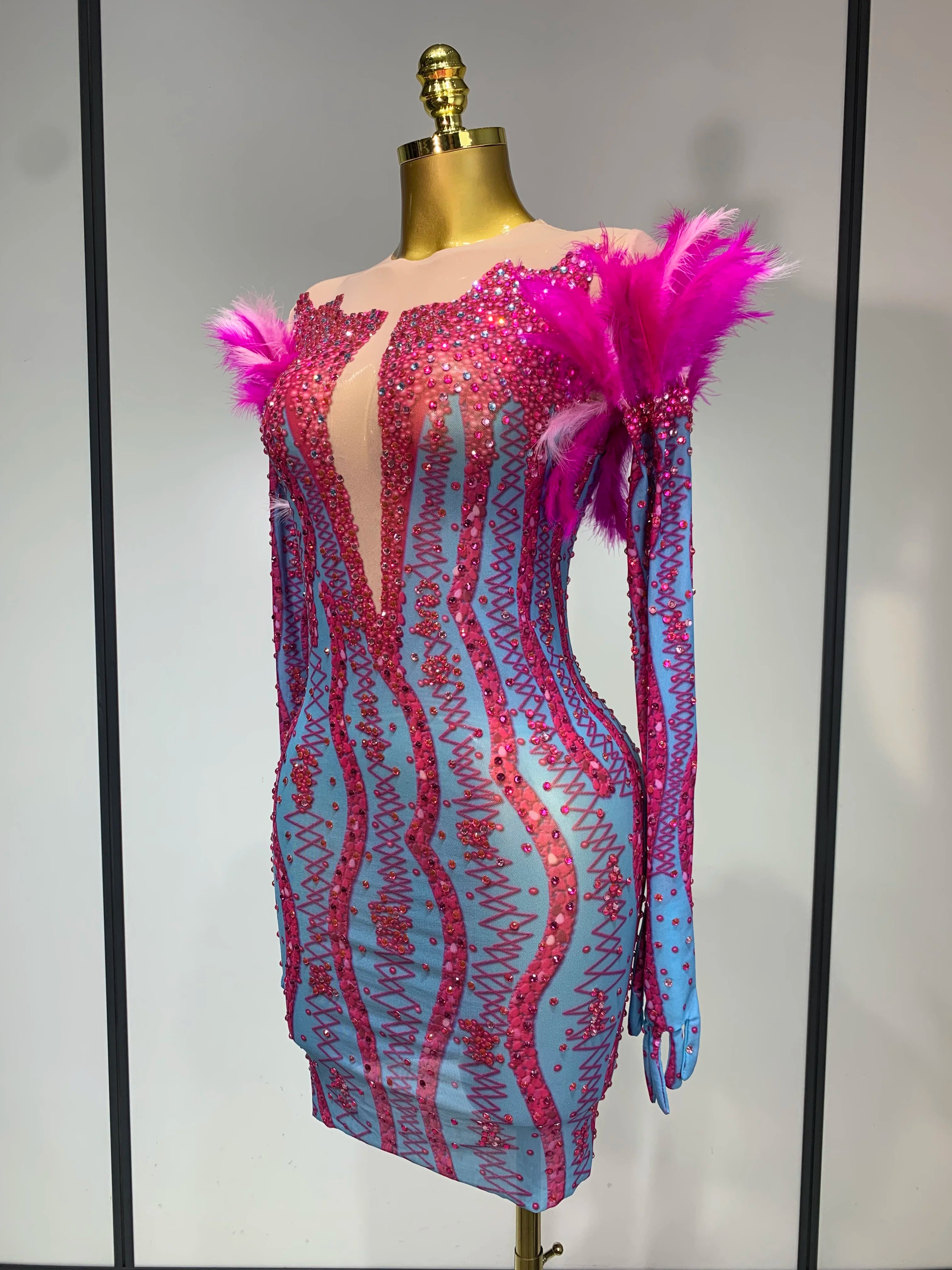 Women Sexy Mesh See Through Diamond Feather Dress 2025 Elegant Evening Party Luxury Birthday Nightclub Performance Stage Costume