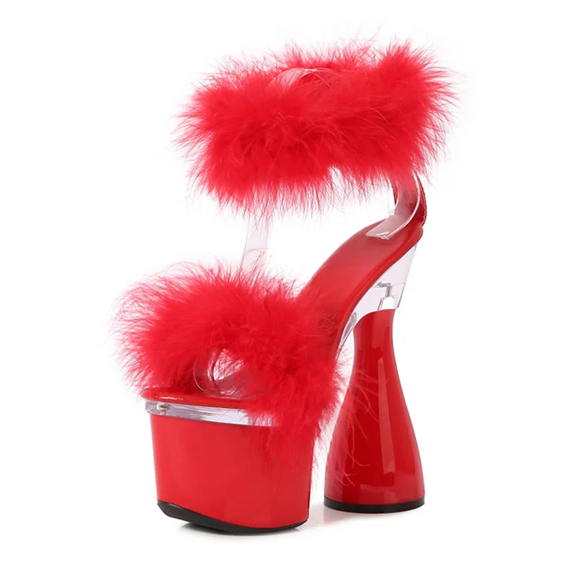 Women's 17.5CM Ultra High Heel Black White Red Platform Sandals Summer Fashion Furry Open Toe Nightclub Stage Round Heels Shoes As picture shown