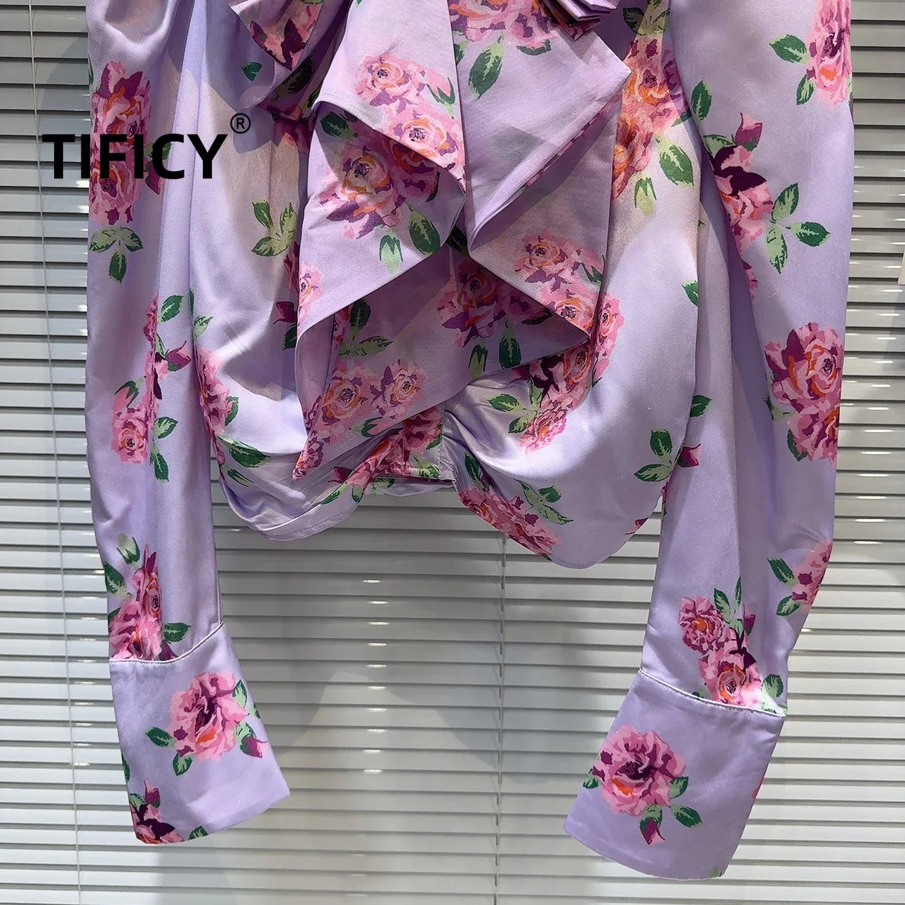 High Street Fashion Blouses Top Women's Autumn New French Socialite Bow Collar Flower Print Bubble Sleeve Shirt Tops Blusa